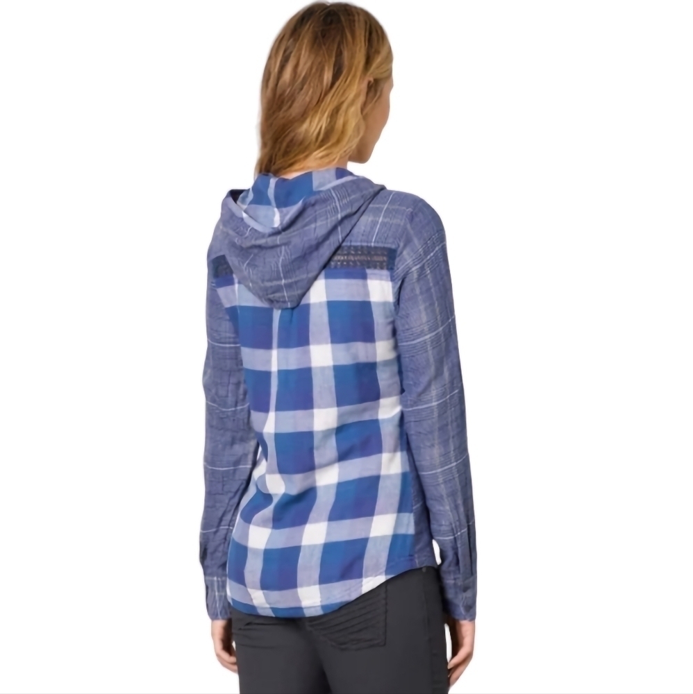Prana women’s blue plaid Anja hooded‎ long sleeve top size s